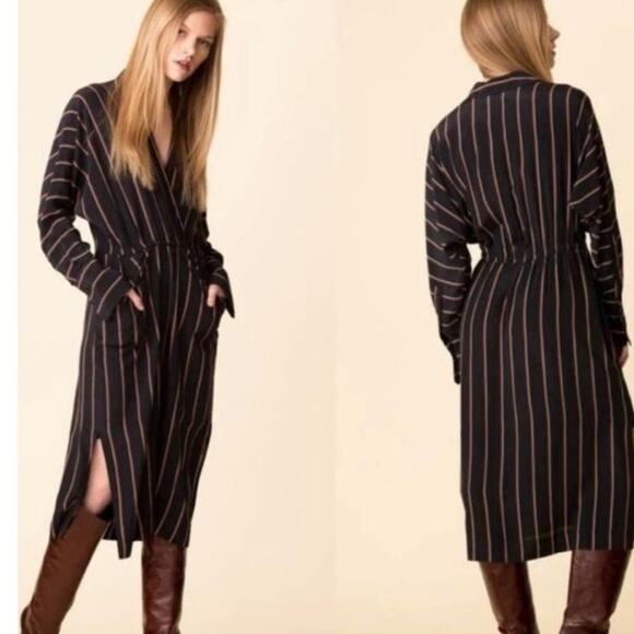 ALC Women's Black Nico Surplice Long Sleeve Striped Silk Midi Dress Size 2 - Picture 1 of 16